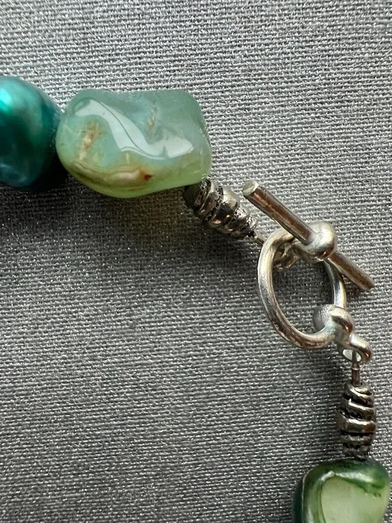 Handmade Multicolor Green and Pearl Tone Beaded 3” Bracelet - Picture 8 of 12